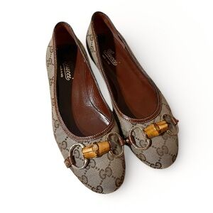 Gucci Brown Canvas GG Pattern & Bamboo Horsebit Accent Flats US Size 6 B